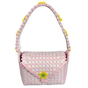 Pink White- Duct Tape Handbag- beaded accents- yellow teal flowers-snap closure